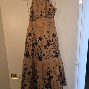 Anthropologie Tan Maxi Dress with Black Floral Embroidery